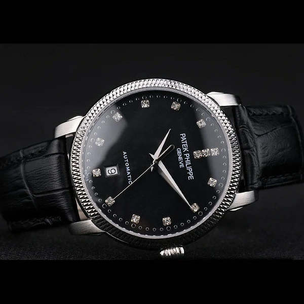 Patek Philippe Calatrava Ribbed Bezel Black Dial Black Leather Strap new59026