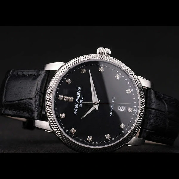 Patek Philippe Calatrava Ribbed Bezel Black Dial Black Leather Strap new59026