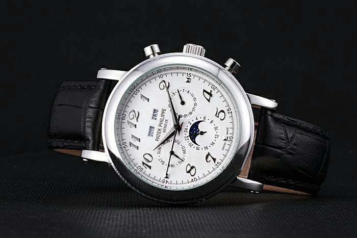 Patek Philippe Grand Complications Moon Phase White Dial Black Leather Bracelet new59082