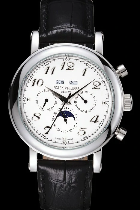 Patek Philippe Grand Complications Moon Phase White Dial Black Leather Bracelet new59082