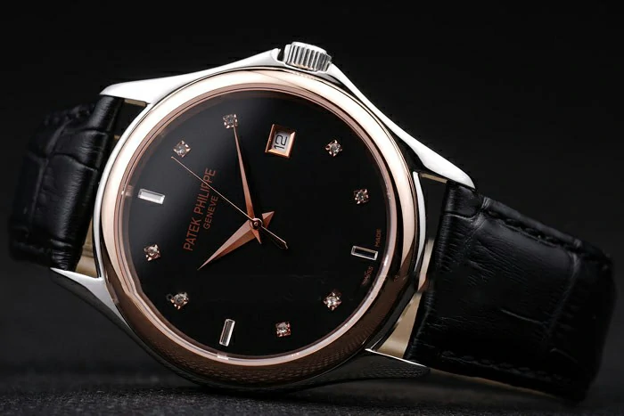 Patek Philippe Geneve Calatrava Crystal Studded Hour Marker Black Dial Black Leather Strap new59152