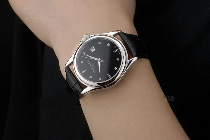 Patek Philippe Geneve Calatrava Crystal Studded Hour Marker Black Dial Black Leather Strap new59182