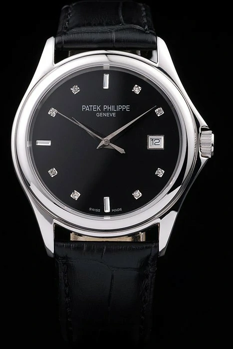 Patek Philippe Geneve Calatrava Crystal Studded Hour Marker Black Dial Black Leather Strap new59182