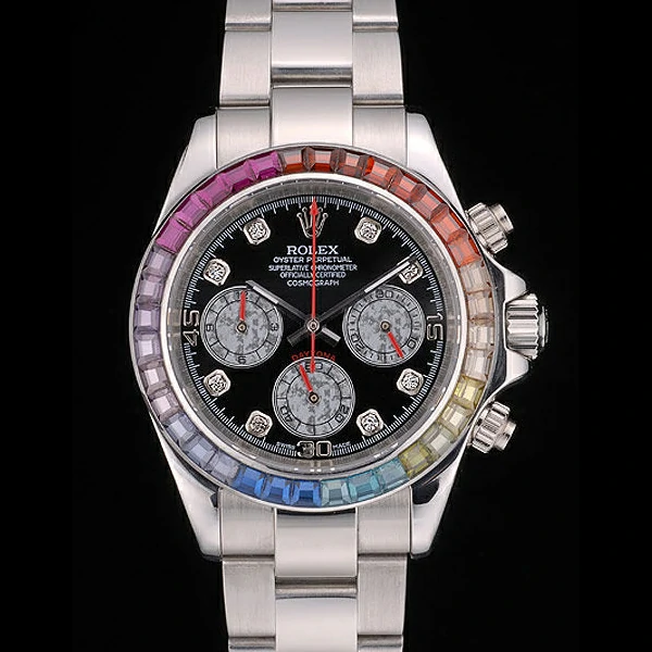 Rolex Daytona Cosmograph Rainbow Crystals Bezel Stainless Steep Strap Black Dial new59214