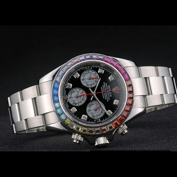 Rolex Daytona Cosmograph Rainbow Crystals Bezel Stainless Steep Strap Black Dial new59214