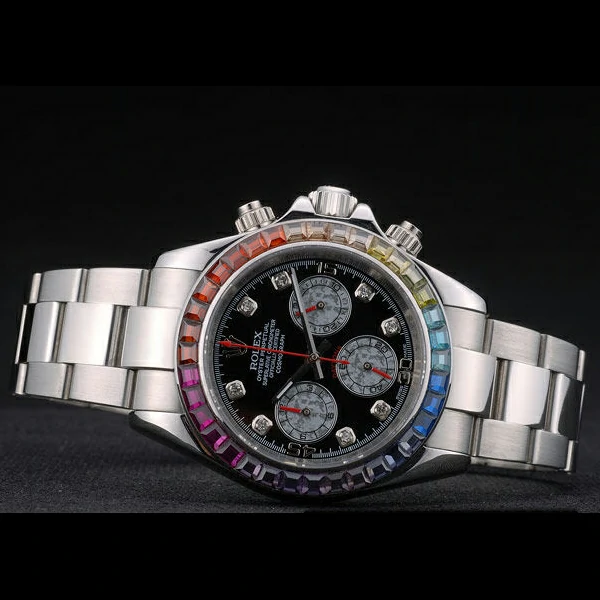 Rolex Daytona Cosmograph Rainbow Crystals Bezel Stainless Steep Strap Black Dial new59214
