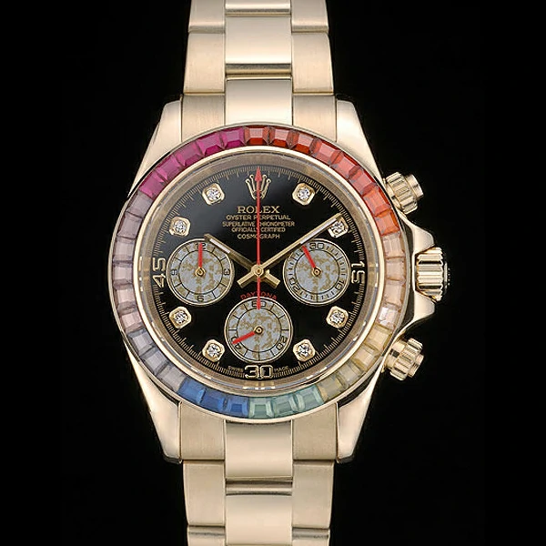 Rolex Daytona Cosmograph Rainbow Crystals Bezel Rose Gold Strap Black Dial new59215
