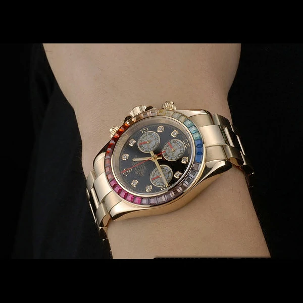 Rolex Daytona Cosmograph Rainbow Crystals Bezel Rose Gold Strap Black Dial new59215