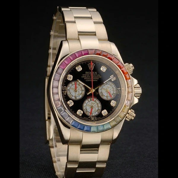 Rolex Daytona Cosmograph Rainbow Crystals Bezel Rose Gold Strap Black Dial new59215