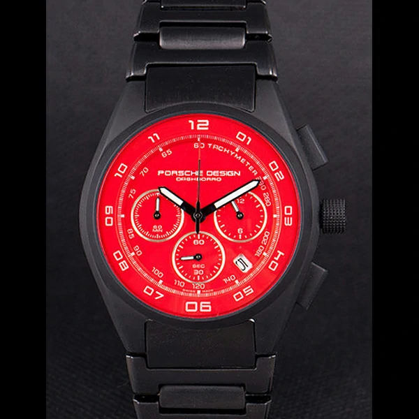 Porsche Dashboard Black Stainless Steel Strap Red Dial new59282