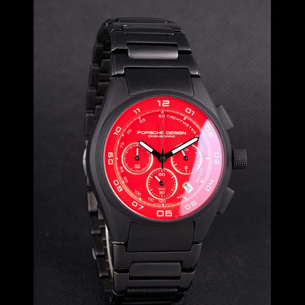 Porsche Dashboard Black Stainless Steel Strap Red Dial new59282