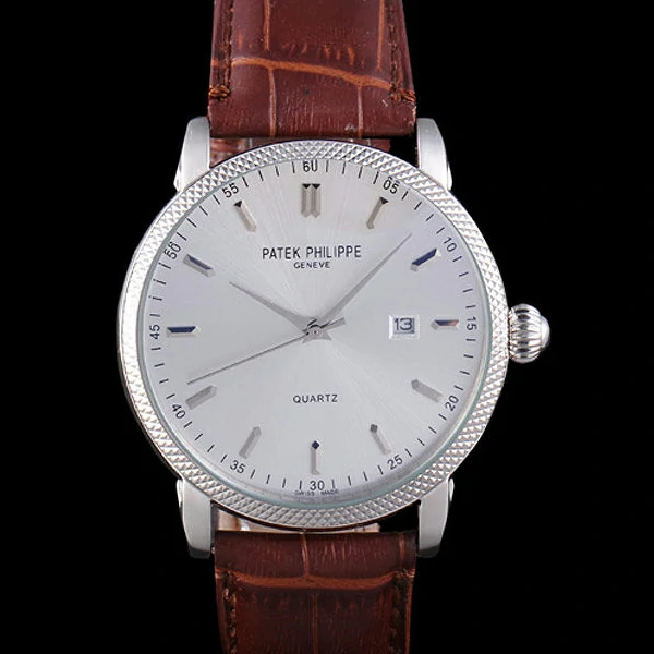 Patek Philipe Calatrava Stainless Steel Ribbed Bezel Brown Leather Bracelet new59422