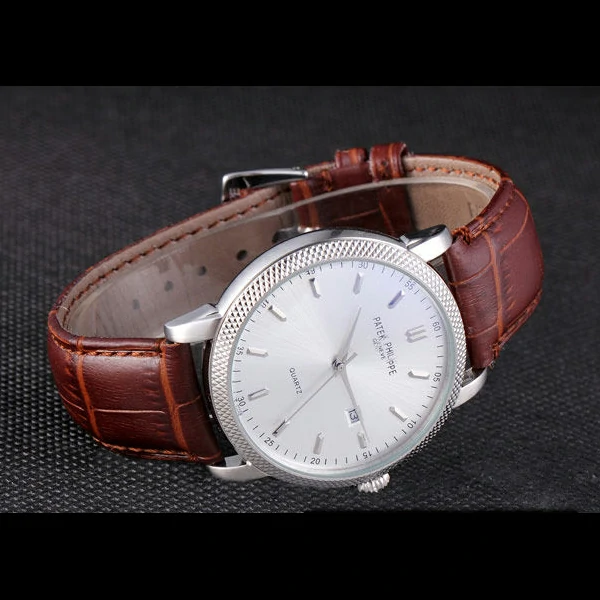 Patek Philipe Calatrava Stainless Steel Ribbed Bezel Brown Leather Bracelet new59422