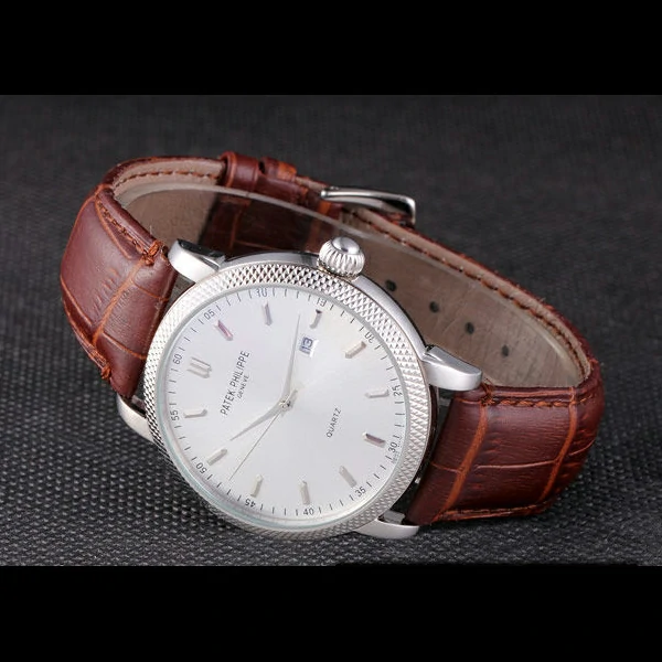 Patek Philipe Calatrava Stainless Steel Ribbed Bezel Brown Leather Bracelet new59422
