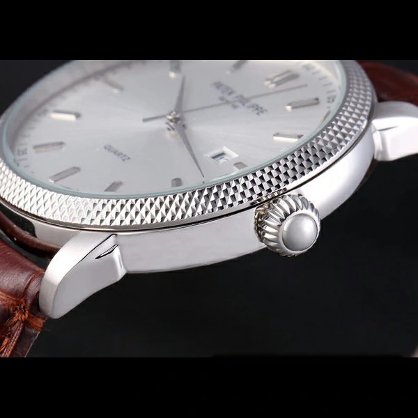 Patek Philipe Calatrava Stainless Steel Ribbed Bezel Brown Leather Bracelet new59422