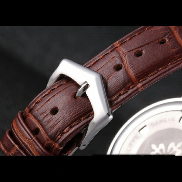 Patek Philipe Calatrava Stainless Steel Ribbed Bezel Brown Leather Bracelet new59422