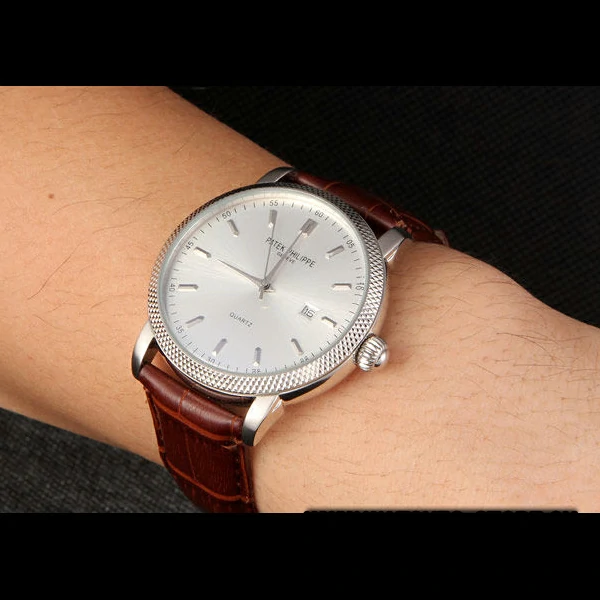 Patek Philipe Calatrava Stainless Steel Ribbed Bezel Brown Leather Bracelet new59422