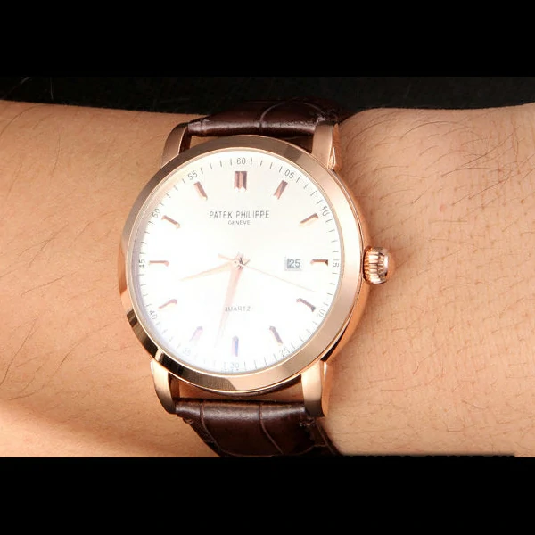 Patek Philipe Calatrava Roze Gold Polished Bezel Brown Leather Bracelet new59423