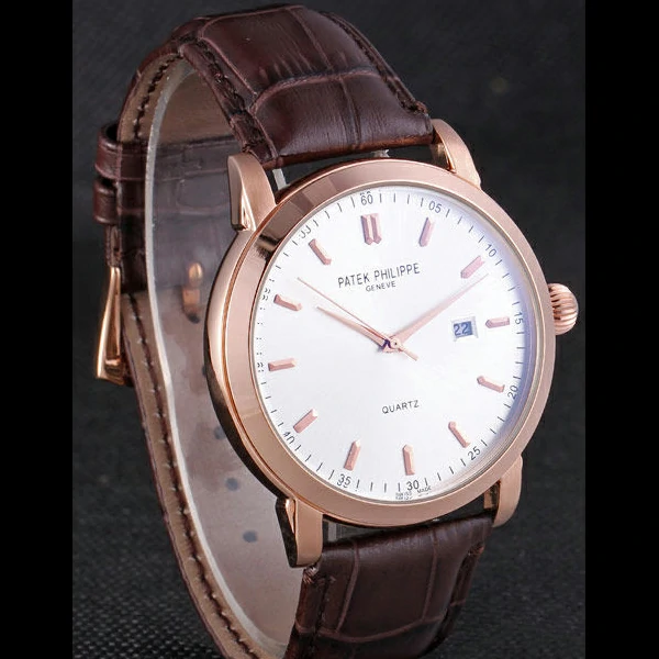 Patek Philipe Calatrava Roze Gold Polished Bezel Brown Leather Bracelet new59423