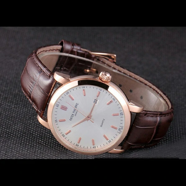 Patek Philipe Calatrava Roze Gold Polished Bezel Brown Leather Bracelet new59423