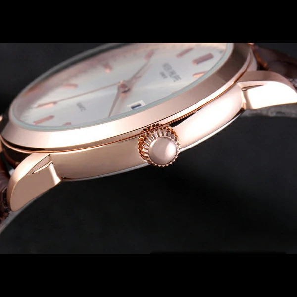 Patek Philipe Calatrava Roze Gold Polished Bezel Brown Leather Bracelet new59423
