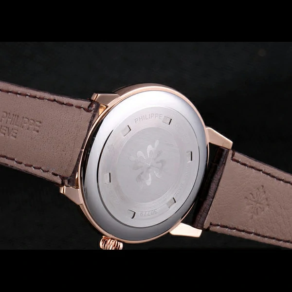 Patek Philipe Calatrava Roze Gold Polished Bezel Brown Leather Bracelet new59423