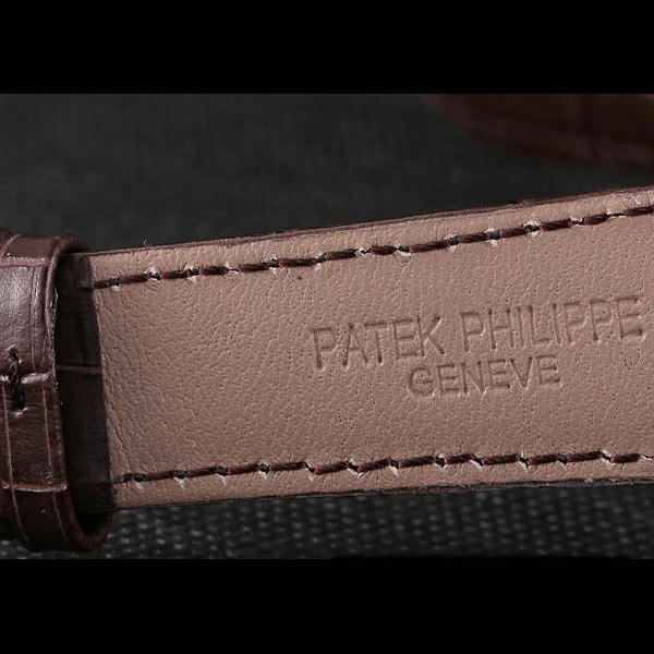 Patek Philipe Calatrava Roze Gold Polished Bezel Brown Leather Bracelet new59423