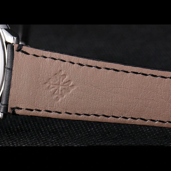 Patek Philipe Calatrava Stainless Steel Ribbed Bezel Black Leather Bracelet new59424