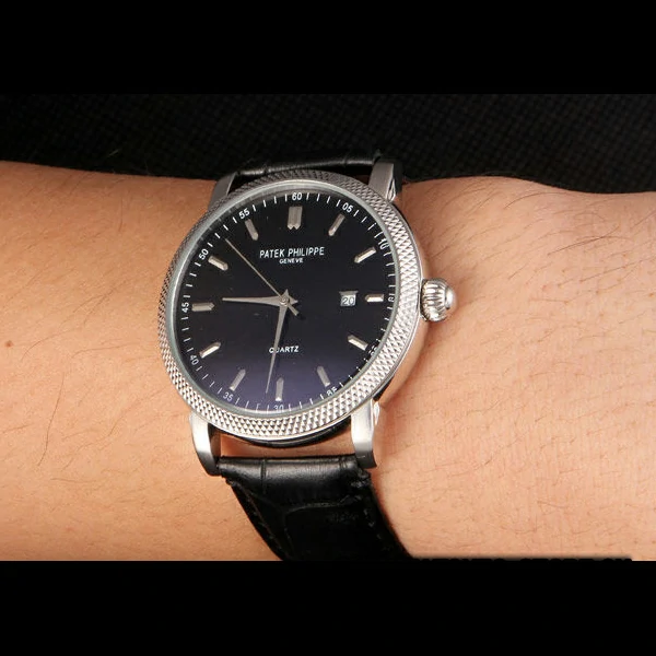 Patek Philipe Calatrava Stainless Steel Ribbed Bezel Black Leather Bracelet new59424