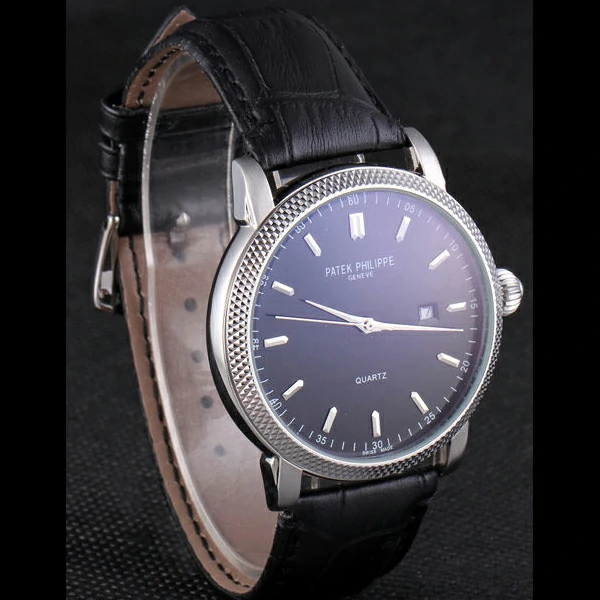 Patek Philipe Calatrava Stainless Steel Ribbed Bezel Black Leather Bracelet new59424