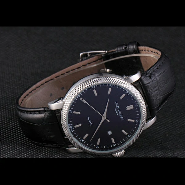Patek Philipe Calatrava Stainless Steel Ribbed Bezel Black Leather Bracelet new59424