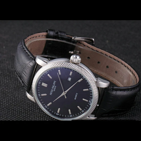 Patek Philipe Calatrava Stainless Steel Ribbed Bezel Black Leather Bracelet new59424