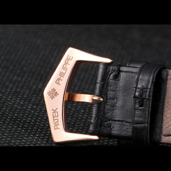 Patek Philipe Calatrava Roze Gold Polished Bezel Black Leather Bracelet new59425