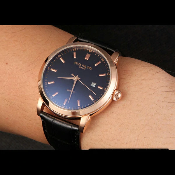 Patek Philipe Calatrava Roze Gold Polished Bezel Black Leather Bracelet new59425