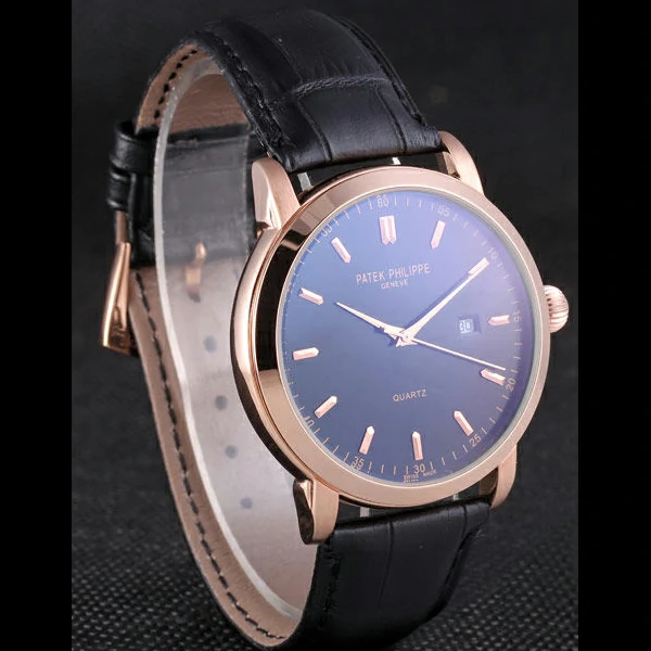Patek Philipe Calatrava Roze Gold Polished Bezel Black Leather Bracelet new59425