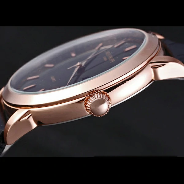 Patek Philipe Calatrava Roze Gold Polished Bezel Black Leather Bracelet new59425