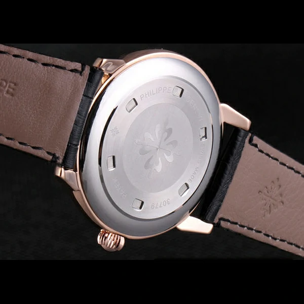 Patek Philipe Calatrava Roze Gold Polished Bezel Black Leather Bracelet new59425