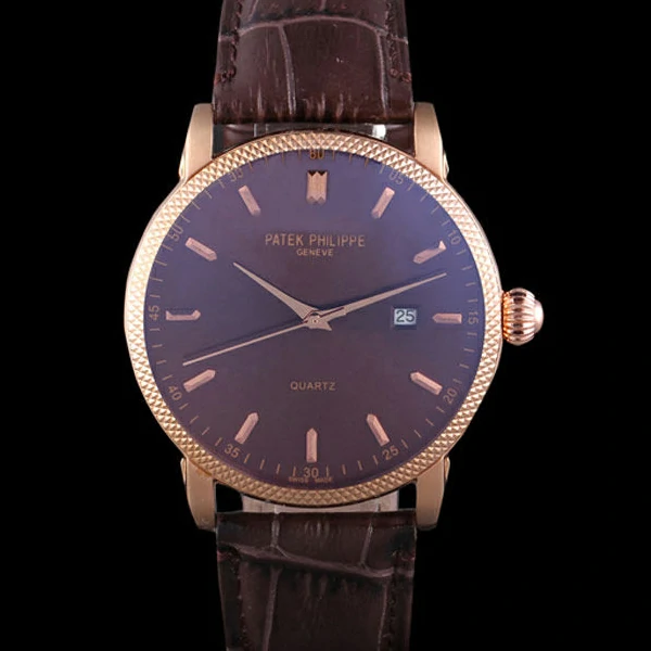 Patek Philipe Calatrava Roze Gold Ribbed Bezel Brown Leather Bracelet new59426