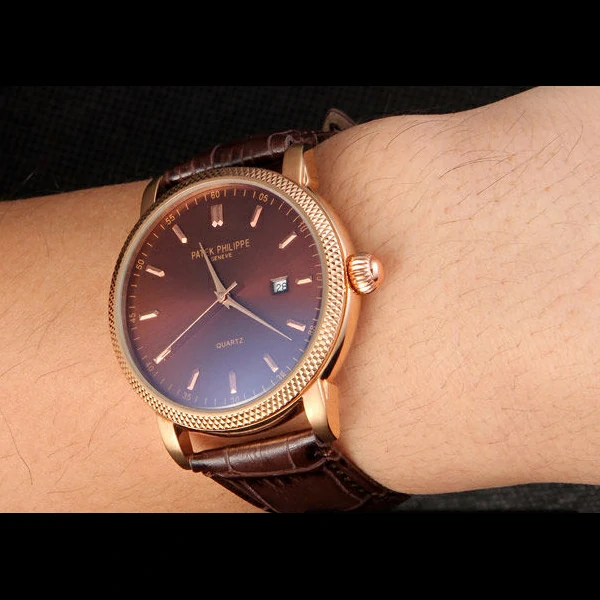 Patek Philipe Calatrava Roze Gold Ribbed Bezel Brown Leather Bracelet new59426