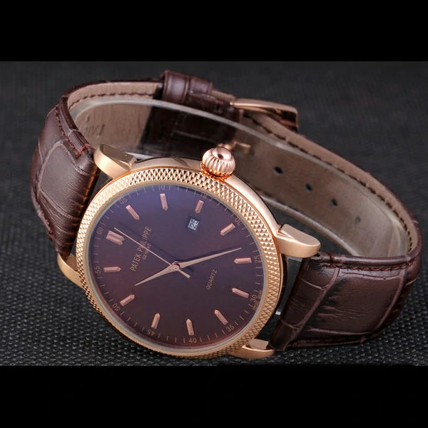 Patek Philipe Calatrava Roze Gold Ribbed Bezel Brown Leather Bracelet new59426