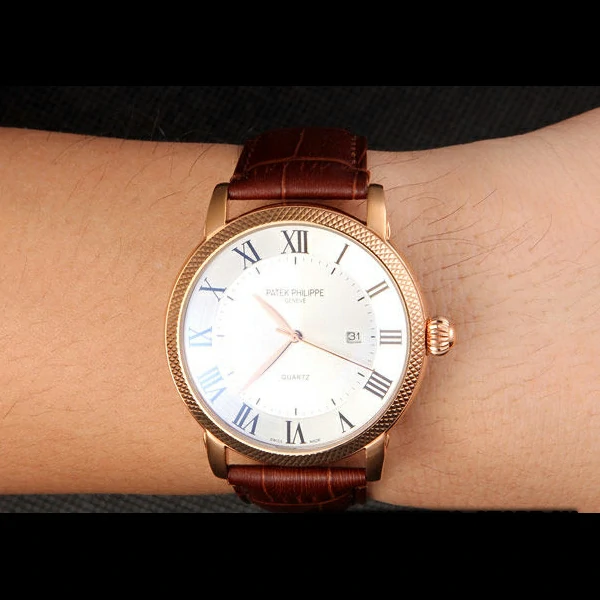 Patek Philipe Calatrava Roze Gold Ribbed Bezel Brown Leather Bracelet new59427