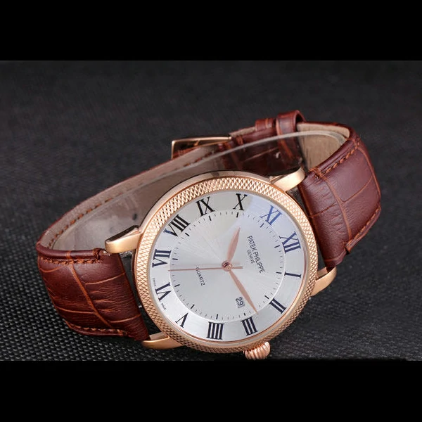 Patek Philipe Calatrava Roze Gold Ribbed Bezel Brown Leather Bracelet new59427