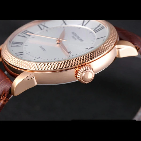 Patek Philipe Calatrava Roze Gold Ribbed Bezel Brown Leather Bracelet new59427