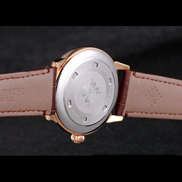 Patek Philipe Calatrava Roze Gold Ribbed Bezel Brown Leather Bracelet new59427
