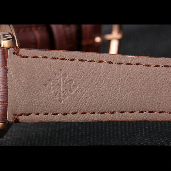 Patek Philipe Calatrava Roze Gold Ribbed Bezel Brown Leather Bracelet new59427