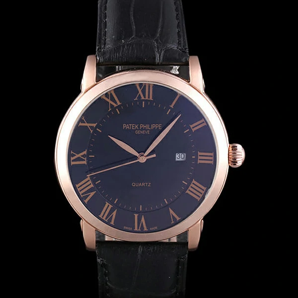 Patek Philipe Calatrava Roze Gold Polished Bezel Black Leather Bracelet new59428