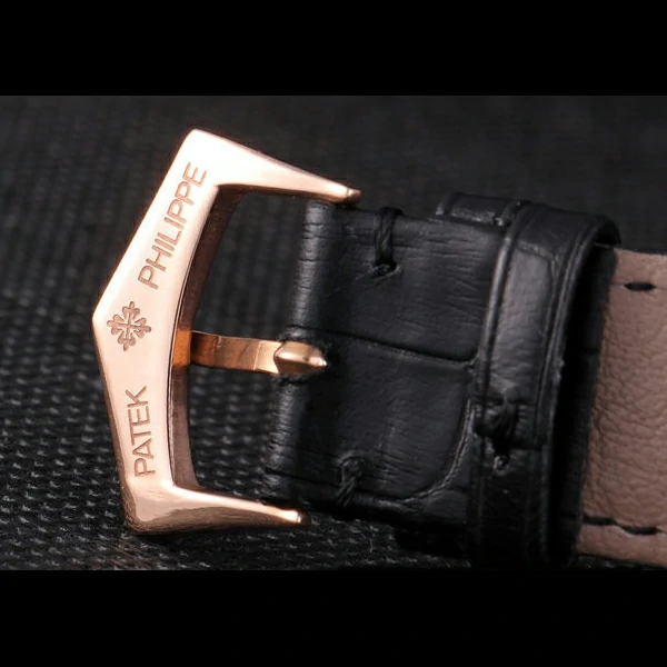 Patek Philipe Calatrava Roze Gold Polished Bezel Black Leather Bracelet new59428