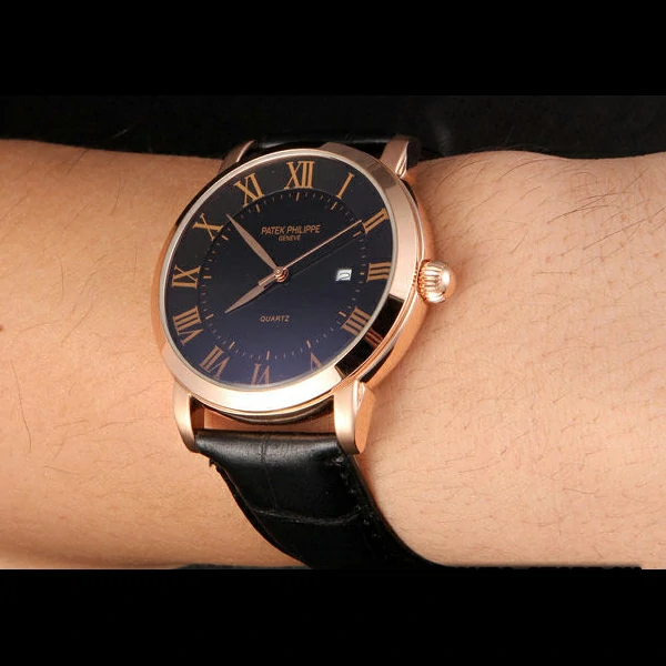 Patek Philipe Calatrava Roze Gold Polished Bezel Black Leather Bracelet new59428