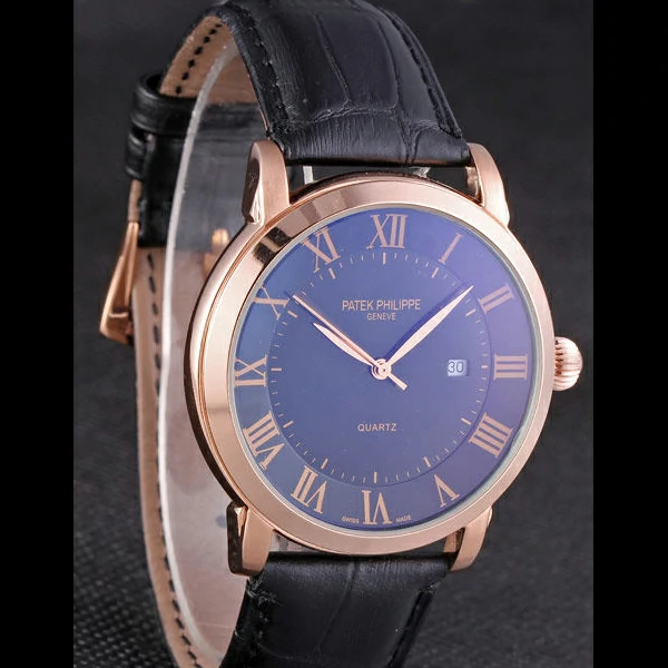 Patek Philipe Calatrava Roze Gold Polished Bezel Black Leather Bracelet new59428