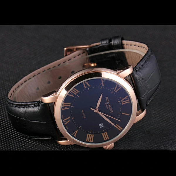 Patek Philipe Calatrava Roze Gold Polished Bezel Black Leather Bracelet new59428